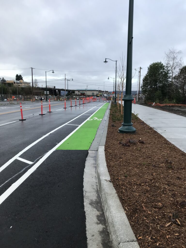 green bike lane with orange cones lining it