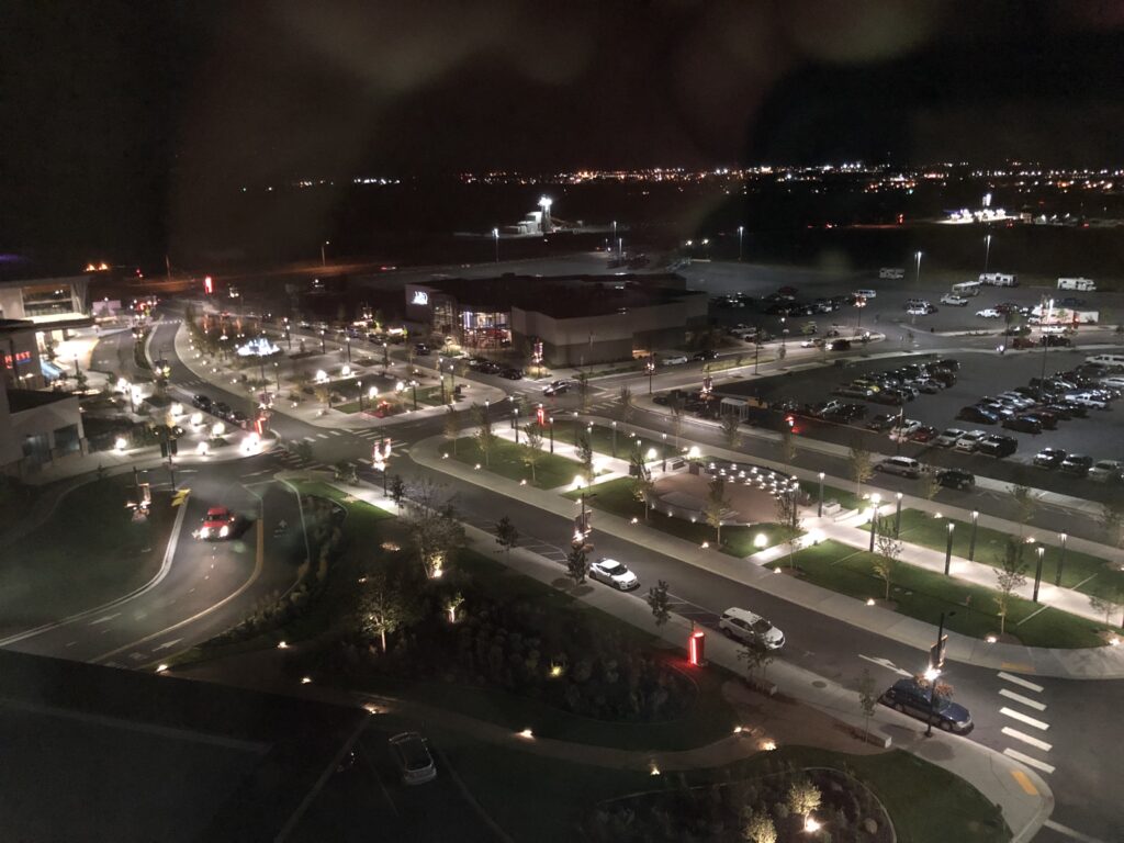 Aerial view of Northern Quest Resort plaza at night