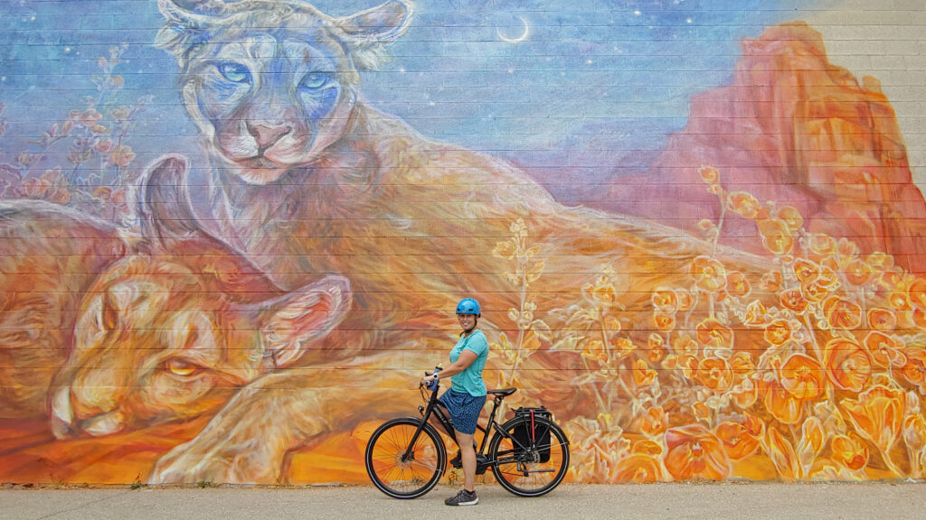 A person on a bike with a mural of lions in the background