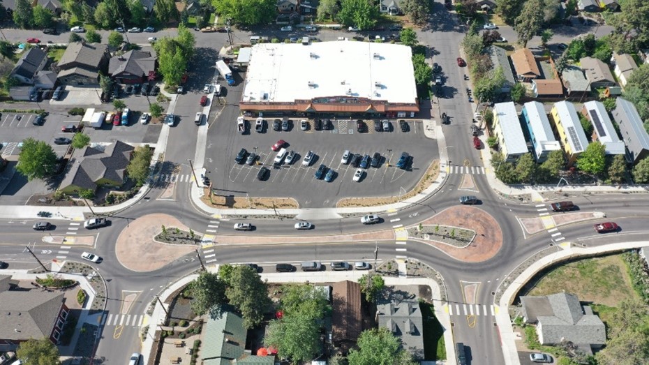 An aerial view of an intersection with two circles at each end forming a dogbone formation.