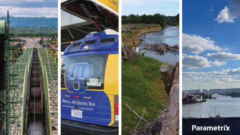 Four images - a bridge, bus, riverbank, and port.