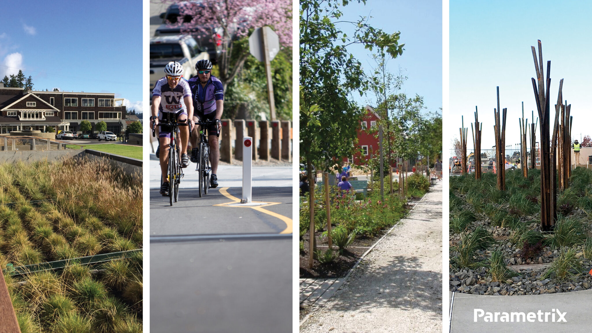 A split image showing a rain garden, bike trail, walkway, and plaza