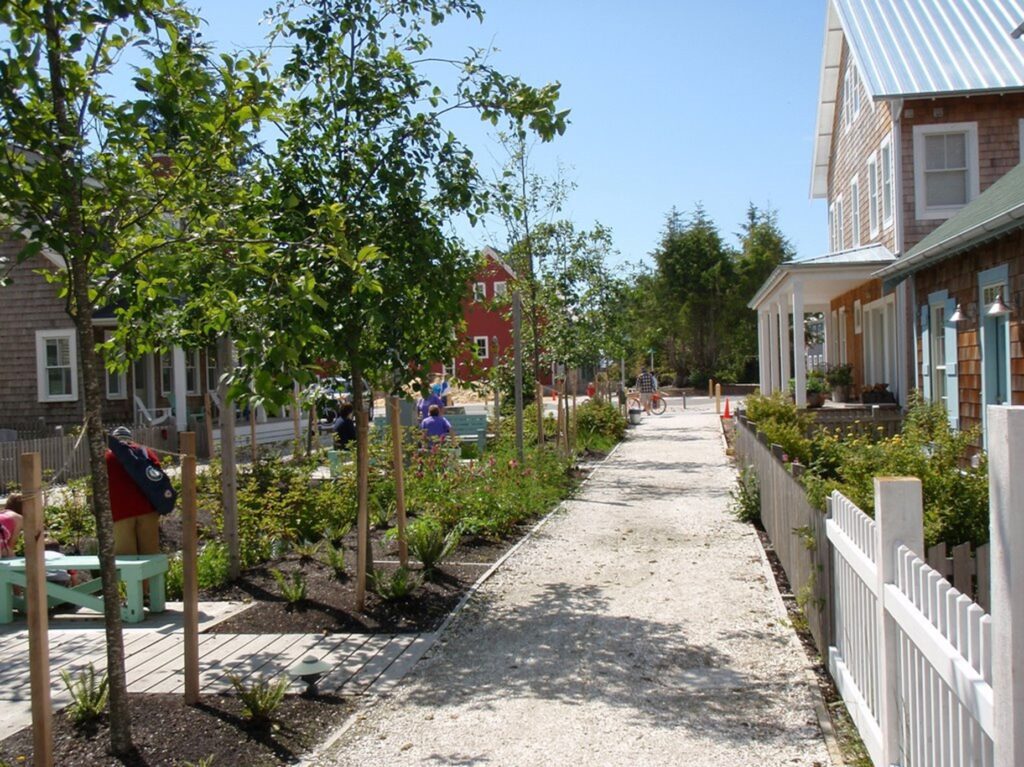 A gravel walkway in front of picket-fence lined houses to the right. On the left are planters with trees, ferns, and other vegetation.