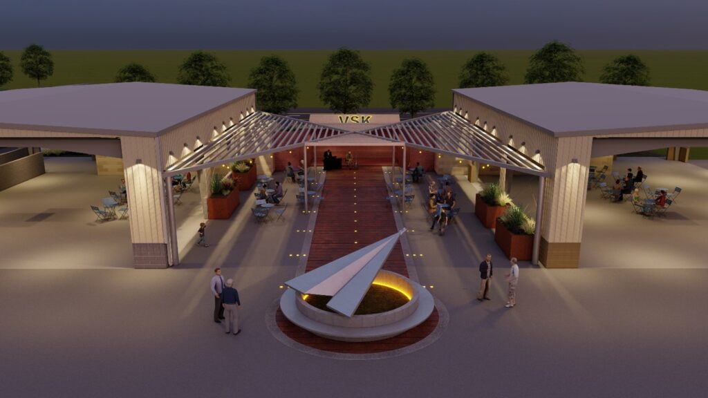 A rendering showing two covered areas connected by a walkway with people mingling