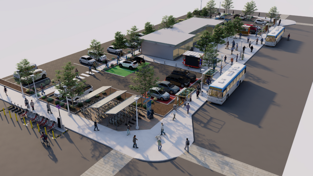 A rendering showing a bird's eye view of a mobility hub that includes a building, parking lot, buses, and sidewalks.