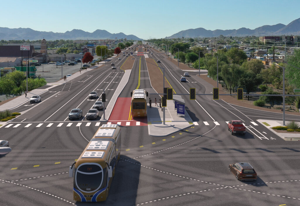 A rendering shows a bird's eye view of a highway intersection with a bus driving down the middle.