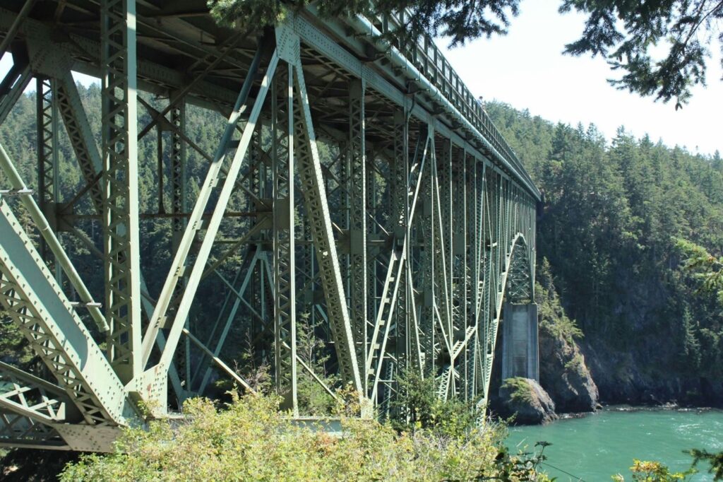 View of a bridge over water from below