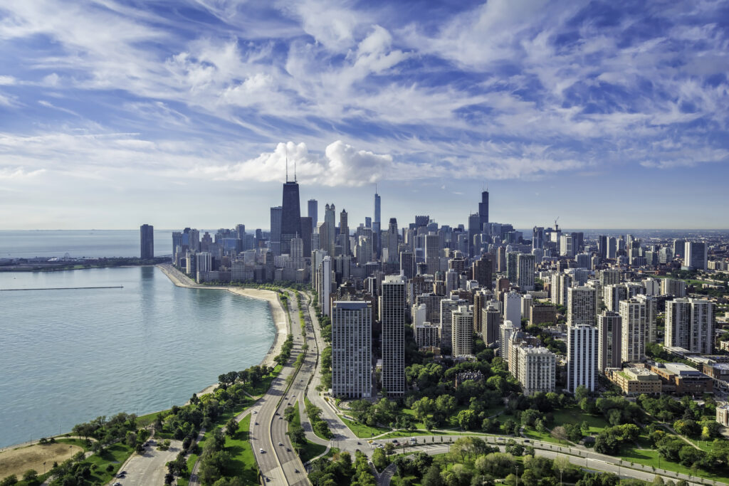 A bird's eye view of Chicago near the water