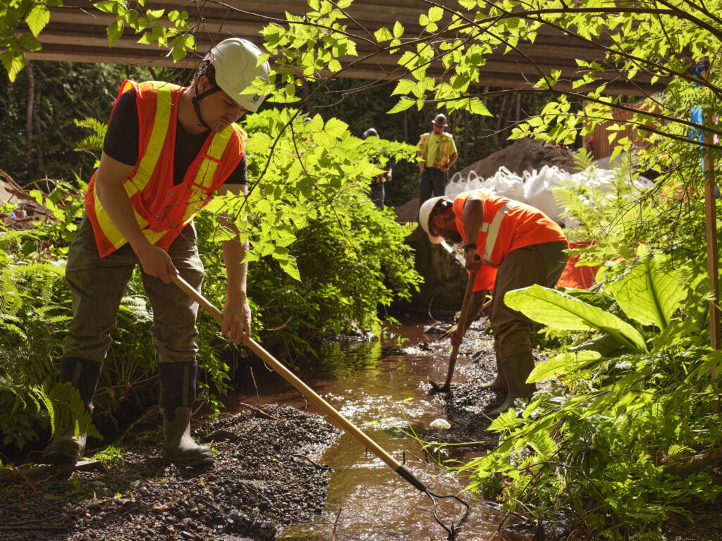 People wearing safety vests work in a stream bed