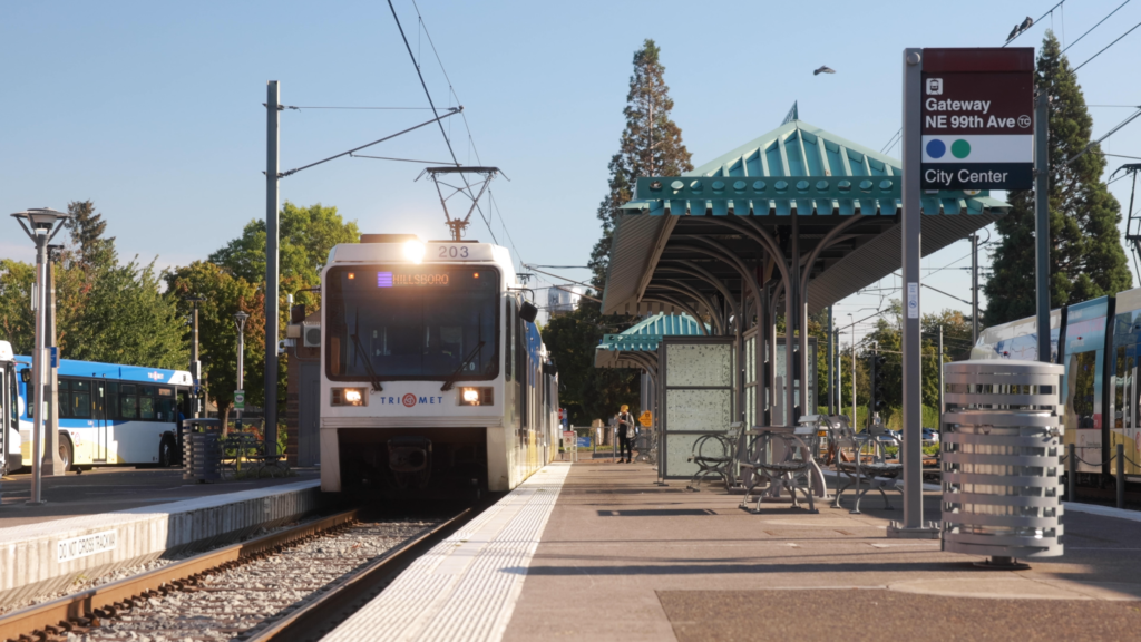 A light rail car at the station.