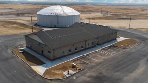 A bird's eye view of an administrative office and wastewater facility