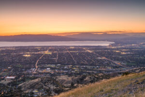 A view of a city at sunset