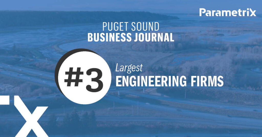 A blue background with text "Puget Sound Business Journal #3 Largest Engineering Firms"