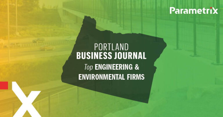A colorful background with the Oregon state outline and text "Portland Business Journal Top Engineer & Environmental FIrms"