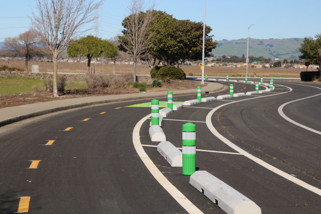 A two-way bike path separated from the street