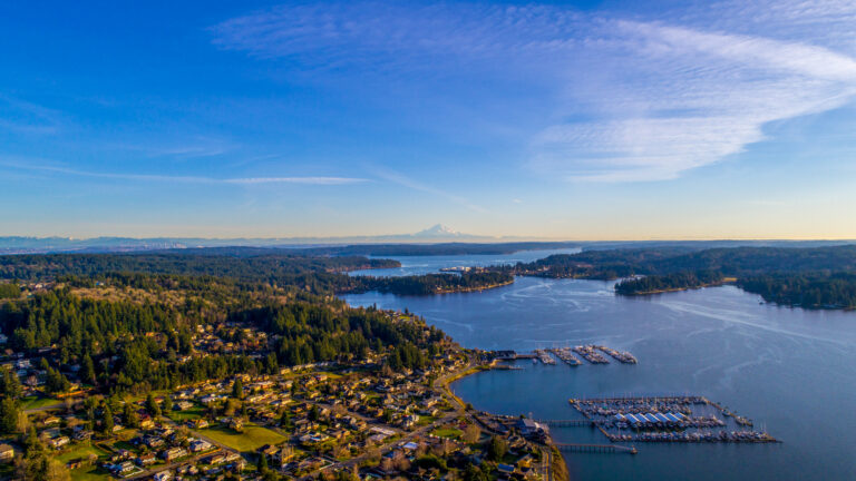 Aerial view of Poulsbo, Washington and the surrounding area