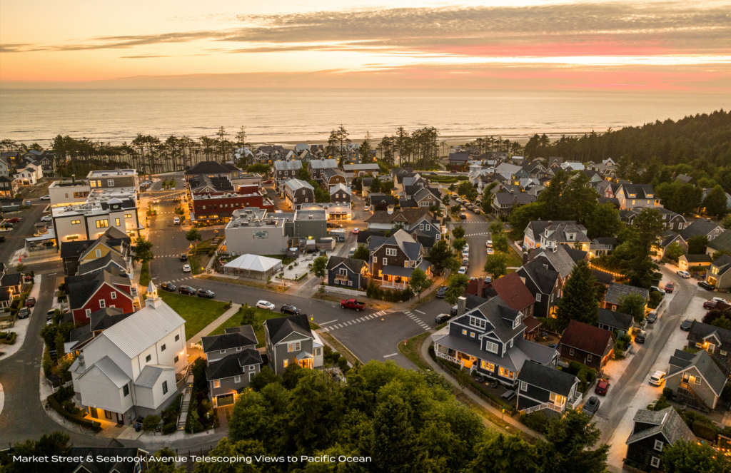 A bird's eye view of a town near a beach.