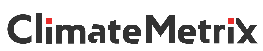 ClimateMetrix logo: dark gray wordmark with small red square accents on the i letters.